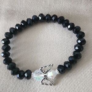Elegant Black Beaded Angel Bracelet with Silver Accents New Without Tag